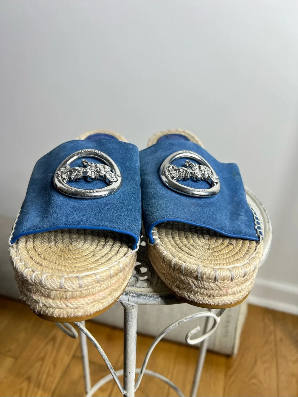 Coach Blue Suede Slide Espadrilles with Silver Horse-and-Carriage Medallions - Picture 2 of 6